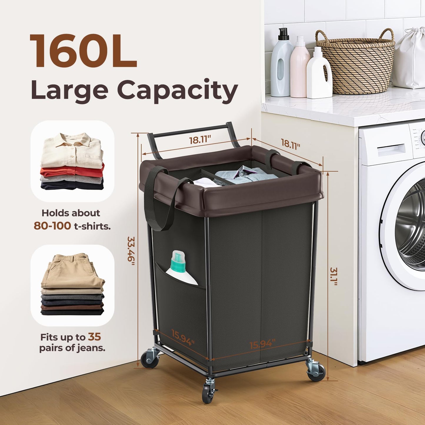 Mefirt 160L Laundry Hamper with Wheels and Handle, 2 Section Laundry Hamper with Wheels, Large Rolling Laundry Basket, Dirty Clothes Hamper Cart on Wheels for Laundry, Bedroom, Bathroom and Dorm