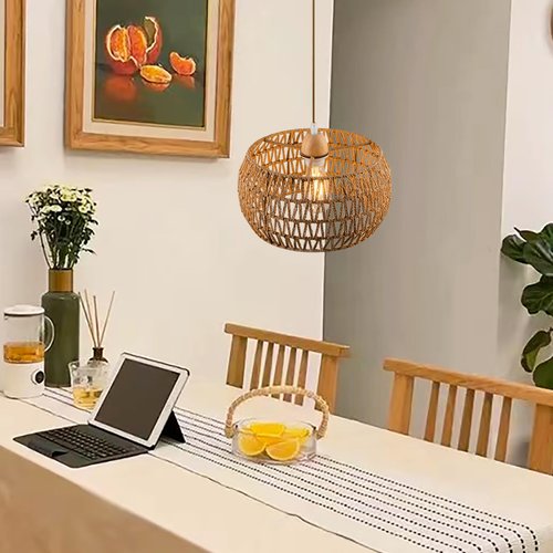 OCWHT Rattan Pendant Light Fixture Ceiling Bohemian Chandelier Flush Mount Hanging Light 12.99-inch Small Woven Lamp Shade Wooden Base Basket for Kitchen Island Hallway Bedroom Dinning Table