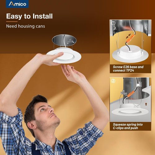 Amico 12 Pack 6 inch 5CCT LED Recessed Lighting with Night Light, 12.5W=100W, 1000LM Can Lights with Baffle Trim, Dimmable, Retrofit Downlight, 2700K/3000K/3500K/4000K/5000K Selectable - ETL & FCC