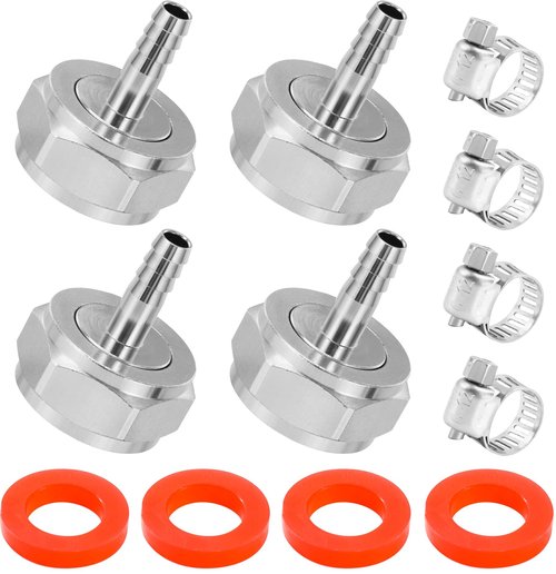 Hilangsan Keg Coupler Barb Connector 1/4'' Barb G5/8 Thread Hex Nut 3/16 Beer Line Connectors with Clamps - 4 Pack