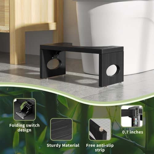 ROMGUAR CRAFT 7 Inch Bamboo Toilet Stool, Foldable Poop Stool, Bathroom Step Stool Squat (Black)