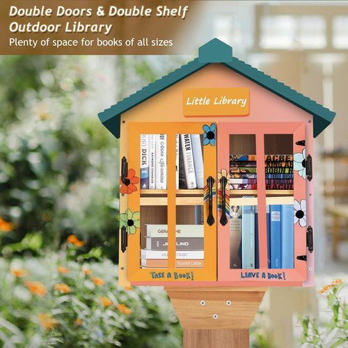 Amcortn Little Library Box Outdoor Free Library Kit, Updated Double Doors Literature Little Library Box, Wood Cabinet Book Storage for DIY Nameplate, Neighborhoods, Community, Schools Sharing Books
