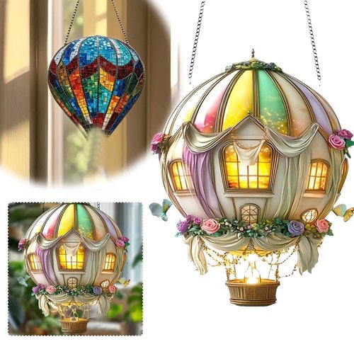 Hot Air Balloon Solar Lantern with Flickering Flame Light, Solar Hot Air Balloon Model, Glass Outdoor Solar Hanging Lights Waterproof, for Garden Yard Farmhouse Patio Pathway Decoration