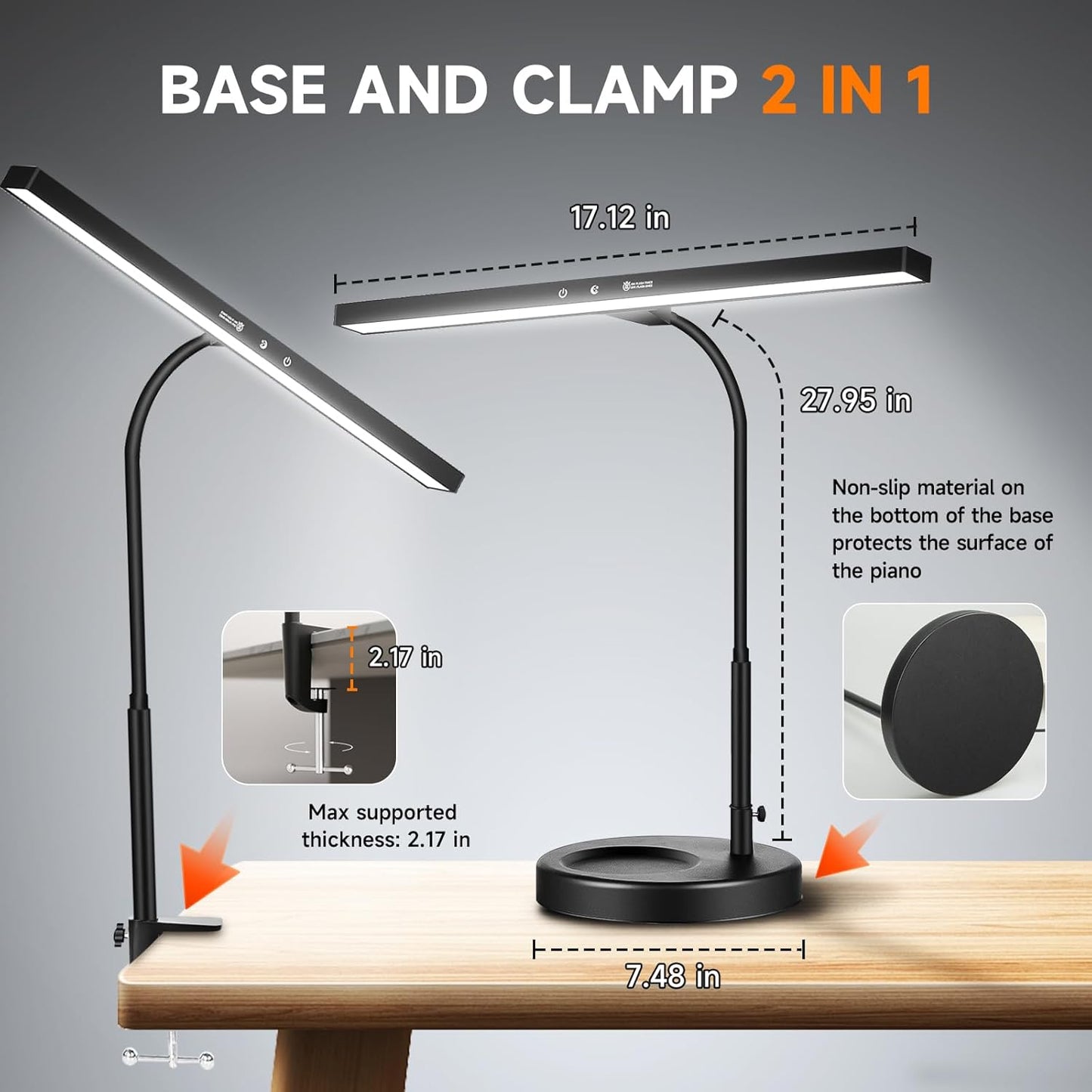 DUDUDU 17" Dimmable LED Piano Light, 2-in-1 Clamp Base Piano Lamp Flexible Gooseneck with 3 Colors Modes, Adjustable Height & Direction for Grand/Upright/Digital Pianos, Sheet Music & Studio Lighting