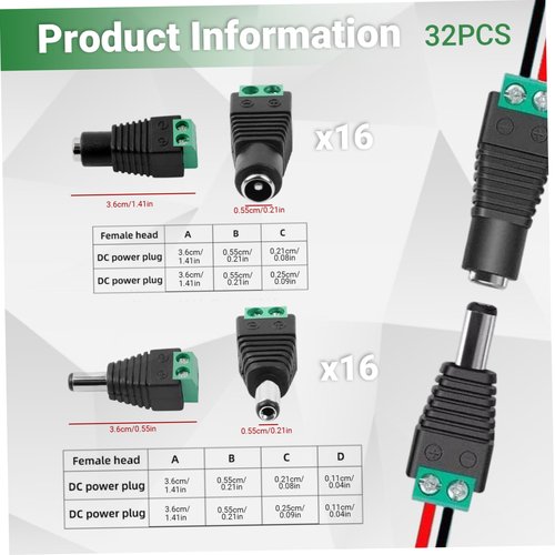 MOUNTTU 32PCS 12v Plug Connector, 5.5mm X 2.1mm Male and Female DC Barrel Connectors for LED Strip CCTV Security Camera Cable Wire Ends Barrel Adapter 12v Plug