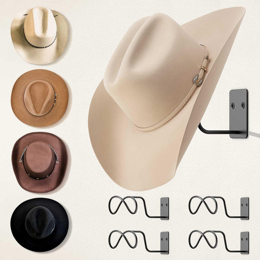Livelab Cowboy Hat Holder, (4 Pack) Cowboy Hat Rack for Wall Mount, Metal Hat Organizer Storage Cowboy Hats Hanger Hooks for Fedora, Sun Hats, Wide Brim