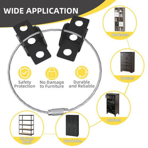 4our Kiddies 2 Pack Furniture Wall Anchors for Baby Proofing, Anti Tip Dresser Wall Safety Anchors Heavy Duty, Anchor Bookcase, Dresser, Cabinet To Wall, Earthquake Straps for Child Safety(Black)