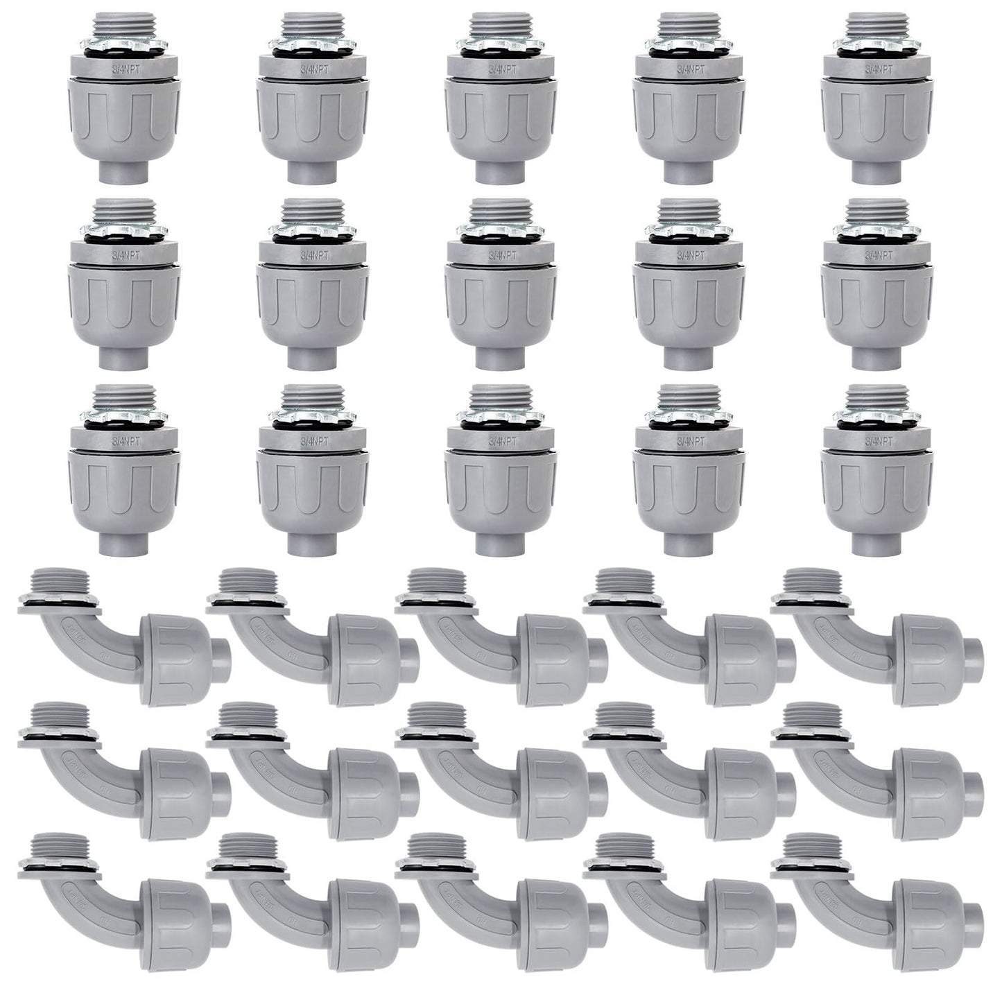 Feotech 30 Pack 3/4 Inch Liquid Tight Connectors - PVC Electrical Conduit Fittings, Straight, 90 and 180 Degree Non-Metallic Flexible Connectors for Home, Bathroom, and Kitchen, Gray