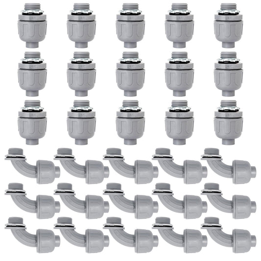 Feotech 30 Pack 3/4 Inch Liquid Tight Connectors - PVC Electrical Conduit Fittings, Straight, 90 and 180 Degree Non-Metallic Flexible Connectors for Home, Bathroom, and Kitchen, Gray
