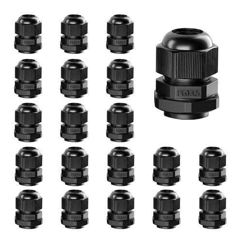AMPELE Cable Gland 20 Pack PG13.5 Waterproof Adjustable 6-12mm Nylon Cable Glands Joints With Gaskets, Black(PG13.5)