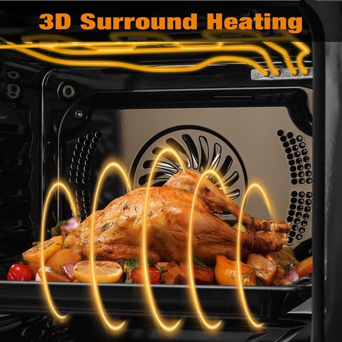 24" Single Wall Oven: Stainless Steel, Black, ETL Certified, 70L Built-In Electric, 3000W Power, 8 Cooking Functions & 108 Automatic Recipes, Led Touch Control