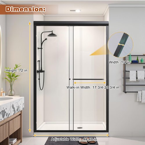 Osparple Shower Door 40-48" W x 72" H Semi-Frameless Double Sliding Shower Doors Glass Shower Door with 1/4" (6mm) Clear SGCC Tempered Glass, Towel Rail and Auxiliary Handle, Matte Black