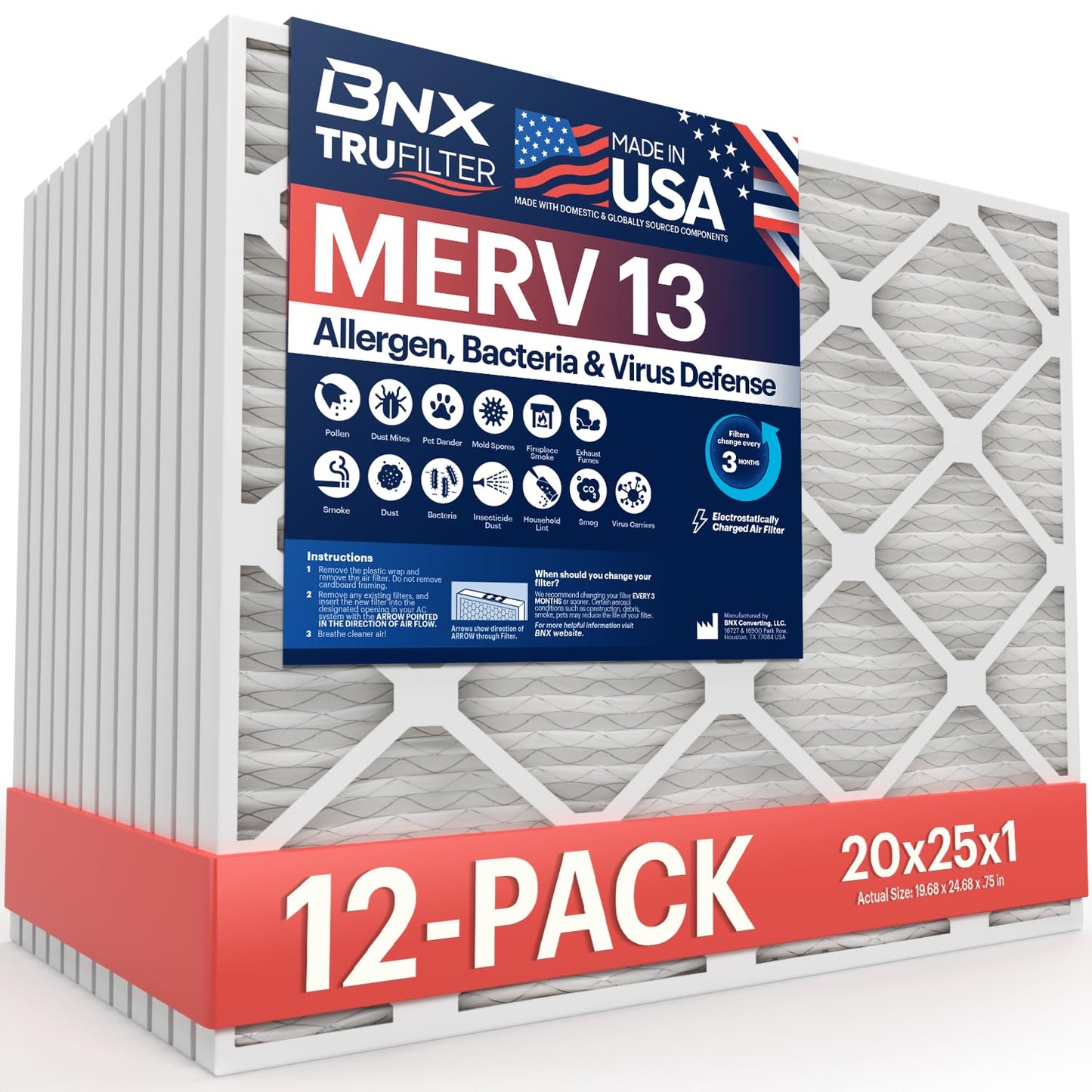 BNX TruFilter 20x25x1 MERV 13 (12-Pack) AC Furnace Air Filter - MADE IN USA - Electrostatic Pleated Air Conditioner HVAC AC Furnace Filters - Removes Pollen, Mold, Bacteria, Smoke
