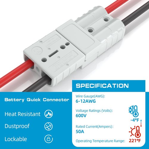 Muelnmey 50 Amp Battery Quick Connect/Disconnect Connector, 6-12 Gauge 600V Connector Kit for Cars, RVs, Trailer- Gray(6 Pack)