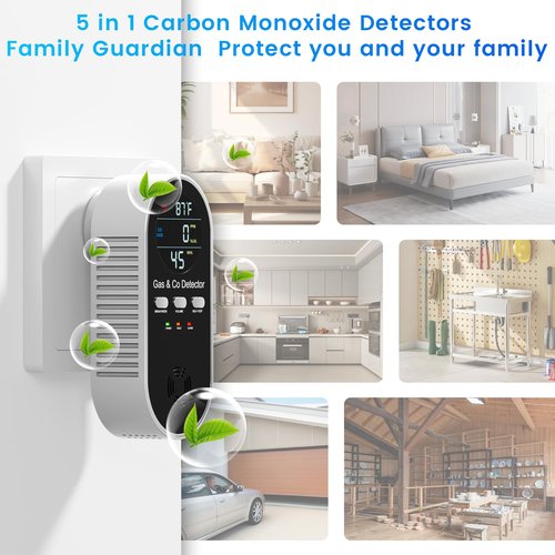 5 in 1 Carbon Monoxide Detectors Plug in with Temperature Humidity Sensor Built-in, CO Level Monitor Alarm with Clear LCD Display Sound & Light Warning for Home/Hotel