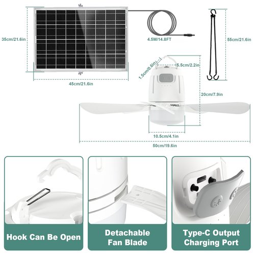 Gliztech Solar Ceiling Fan Light, 20000mAh Portable Gazebo fan with 30W Solar Powered Fan with Remote Control, Outdoor Ceiling Fan with Light for Patios, Canopy, Shed, RV, Porch and Chicken Coop