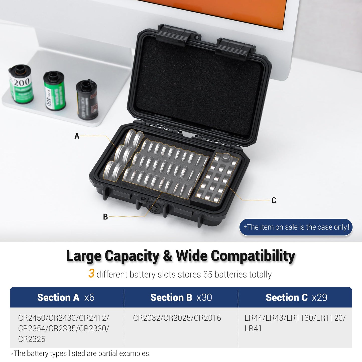 KIWIFOTOS 65 Slots Coin Cell Battery Case for CR2032 CR2016 CR2025 LR44 CR2320 CR2325 CR2330 CR2354 CR2430 CR2450 & LR41 AG13 Button Battery Holder Organizer IP67 Waterproof