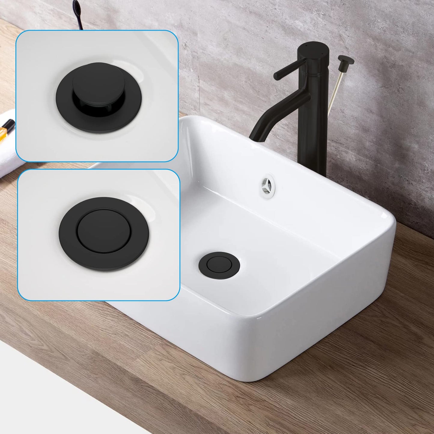 Hibbent 2 Pack Universal Bathroom Sink Drain with Overflow, Push and Seal Pop Up Drain Stopper with Lift Rod, Compatible with Moen, American Standard Bathroom Lavatory Vanity Vessel, Matte Black