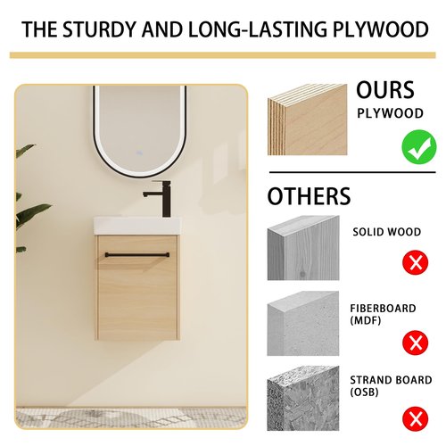16" Floating Bathroom Vanity with Sink, 16 inch Modern Brown Wall Mounted Bathroom Cabinet Combo for Small Space, Narrow Bath Wall-Hung Vanity Set with 1 Ceramic Basin and 1 Door(16cx)
