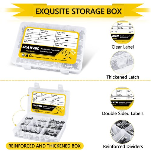400PCS Black Pop Rivets Assortment Kit, 8 SAE Sizes Aluminum Rivets (1/8" 3/16") with Reinforced Divider & Labeled Case for Storage