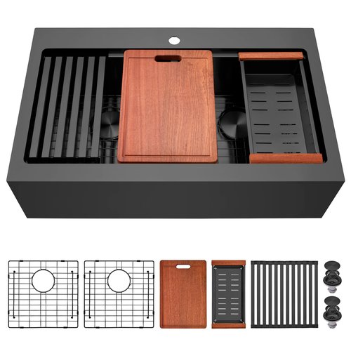 MONSINTA Black Farmhouse Kitchen Sink, 33 Inch Farm Sink, 33" x 22" x 10" Large and Deep Double Bowl Workstation Kitchen Sinks, 16 Gauge Stainless Steel Farm house Apron Front Sinks With Accessories
