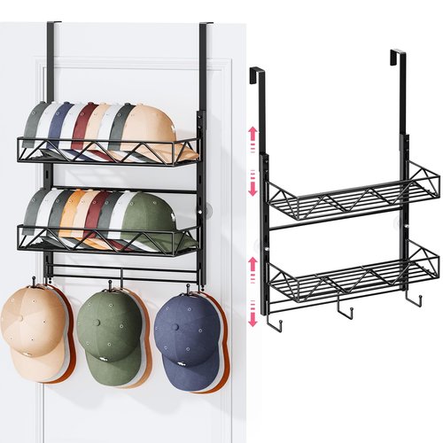 SWTYMIKI Over Door Hat Organizer - 3 Tier Wall Mounted Hat Rack with 2 Adjustable Metal Basket and 3 Hooks, Hanging Baseball Cap Organizer Storage Holds up to 29 Caps for Door, Bedroom, Closet