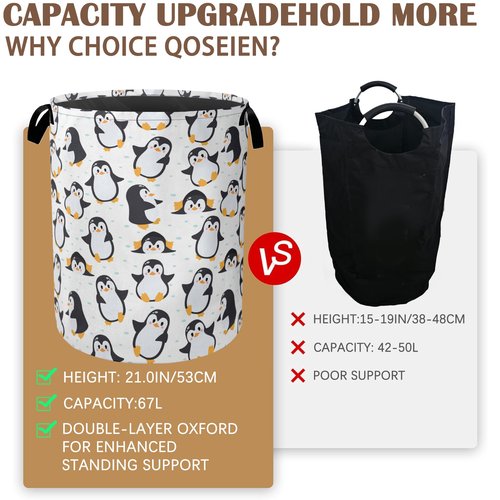 Cute Baby Penguins Laundry Basket,Collapsible Laundry Baskets with Handles,Waterproof Oxford Cloth Storage Basket 16"x20" for Bathroom/Bedroom/Dormitories
