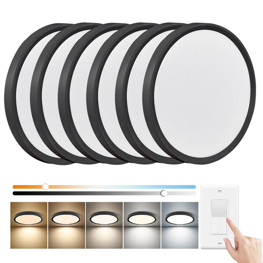 6PK 12 Inch Dimmable LED Flush Mount Ceiling Light,24W, 2520LM, 2700K/3000K/4000K/5000K/6000K CCT Selectable, Round Flat Panel Light Low Profile Ceiling Lamp for Bedroom/Kitchen/Living Room, Black