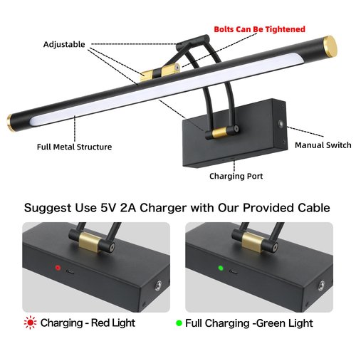 16“ Picture Lights for Wall Battery Operated, Wireless Picture Light with Remote, Rechargeable Wall Light 3000K/4000K/6000K Dimmable, Art Lighting for Paintings Frame Gallery Dartboard, Black Gold