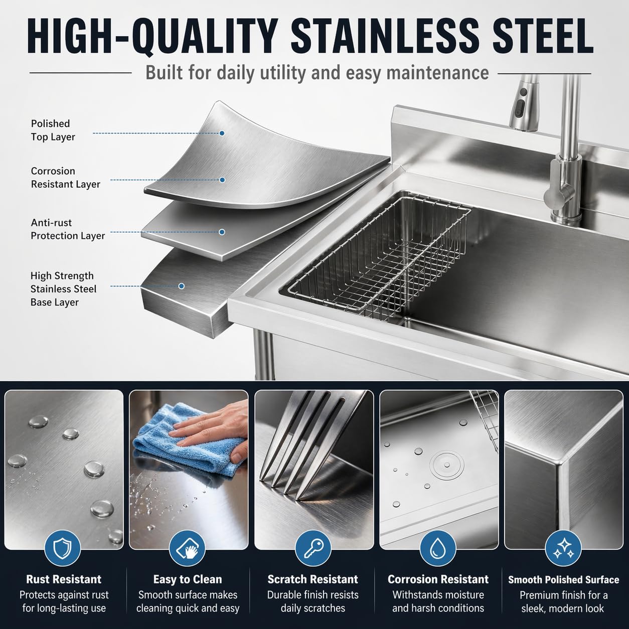 Gray Utility Sink, 47 x 22 x 37 Inch Freestanding Stainless Steel Single Bowl Laundry Sink With Pull-Down Faucet, Large Workbench Top, Modern Metallic Finish for Garage, Mudroom