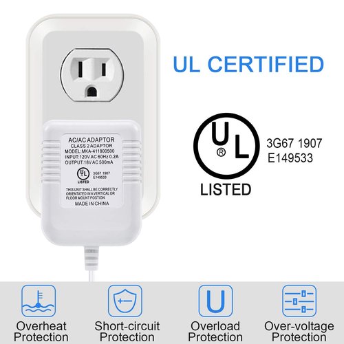 Hotop Power Adapter Compatible with Nest Hello Video Doorbell, Arlo and Eufy Doorbell, 18 Volt 500mA Transformer UL Certified with 16.4 ft Cable