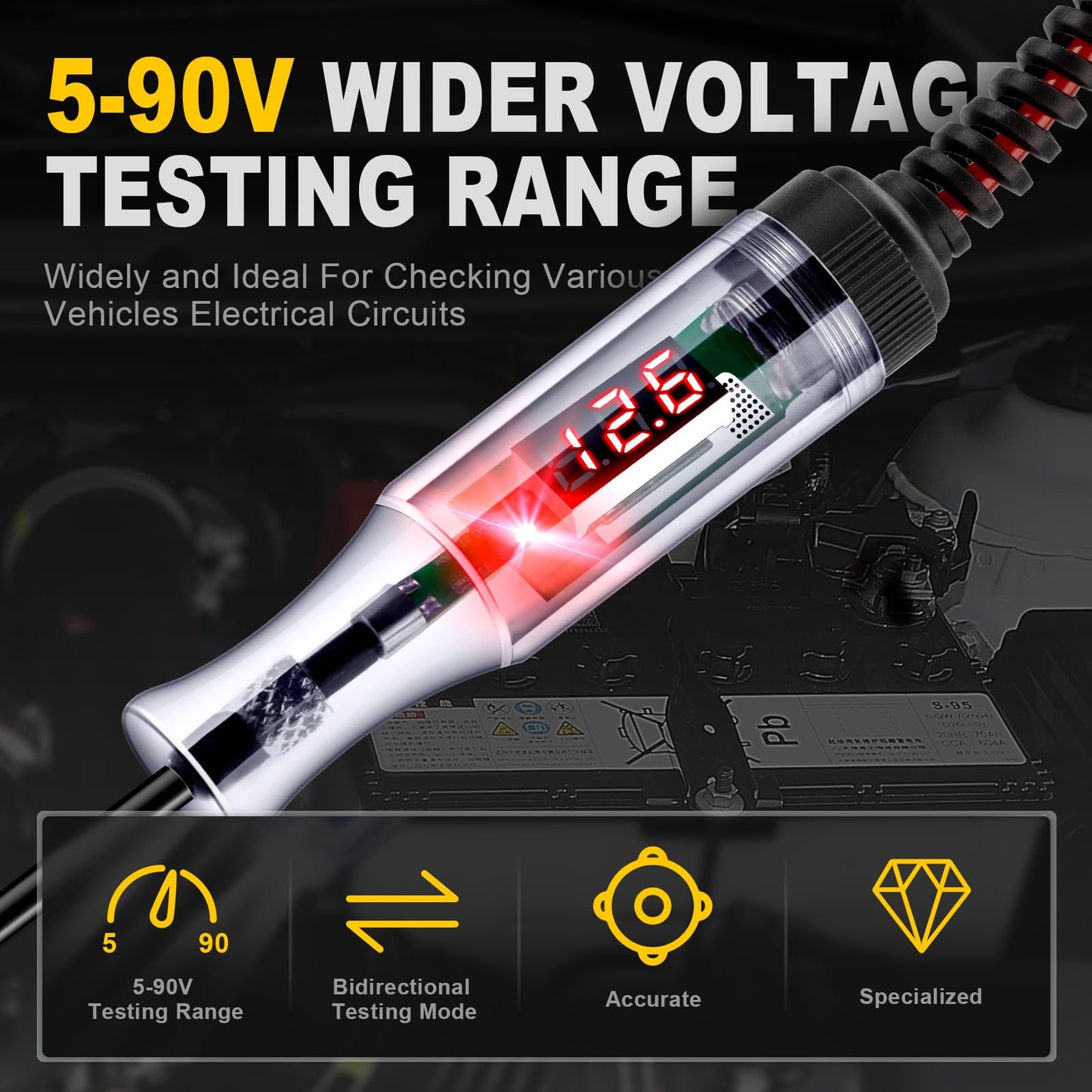 WINAMOO Automotive Test Light 5-90V Digital LED Circuit Tester with Voltage Display, Auto Bidirectional Light Tester, Electrical Voltage Tester with Extended Spring Wire & Probe for Car/RV/Vehicles