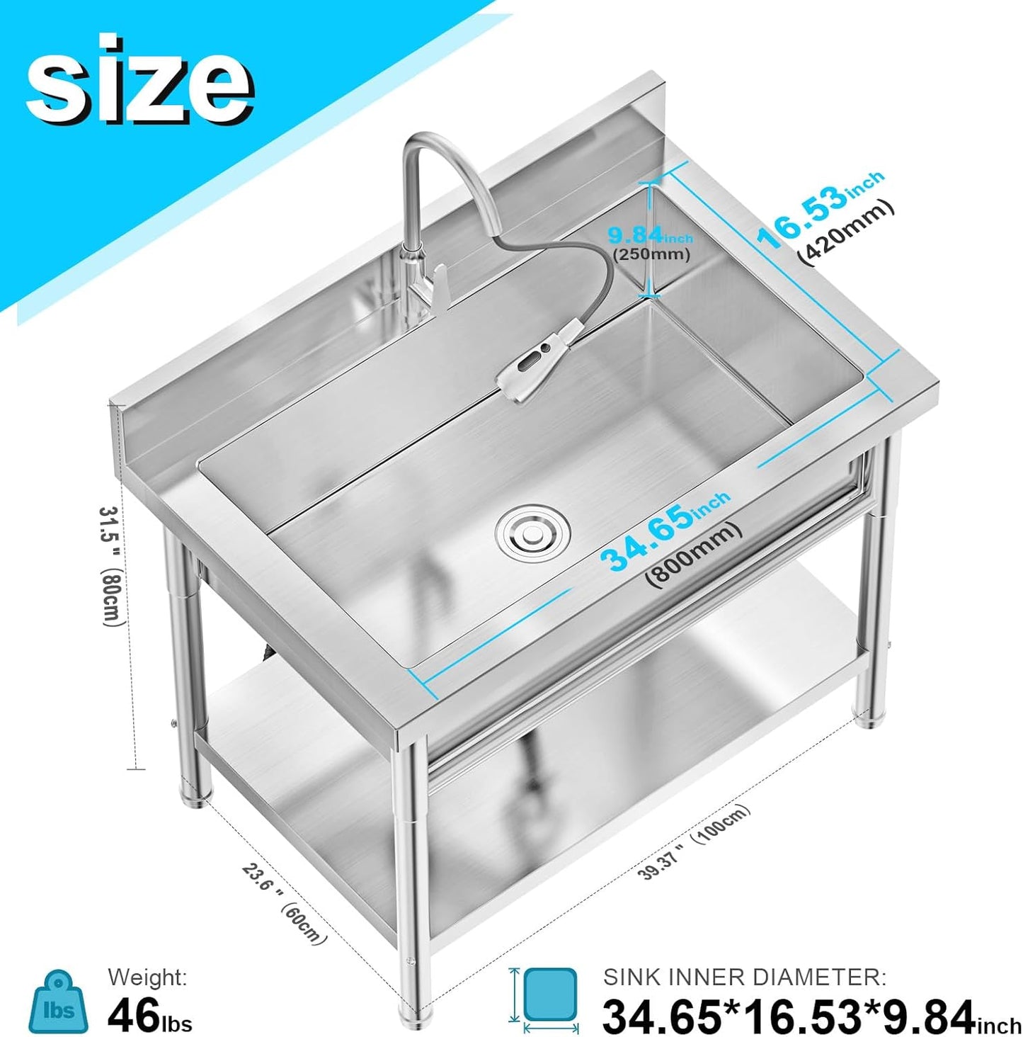 Stainless Steel Utility Sink Single Bowl Freestanding Laundry Sink with Pull-Out Faucet,for Laundry Room Farmhouse Indoor and Outdoor Sink Pet Cleaning