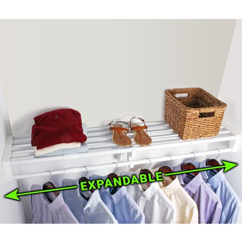 EZ SHELF- Closet Shelf with Hanging Rod, Expands 40.5-73", White, Closet Shelves Hold 200 lbs, Easy Install Closet Organizer to 2 Side Walls, Alternate for Closet Wire Shelving & Laundry Room Shelves