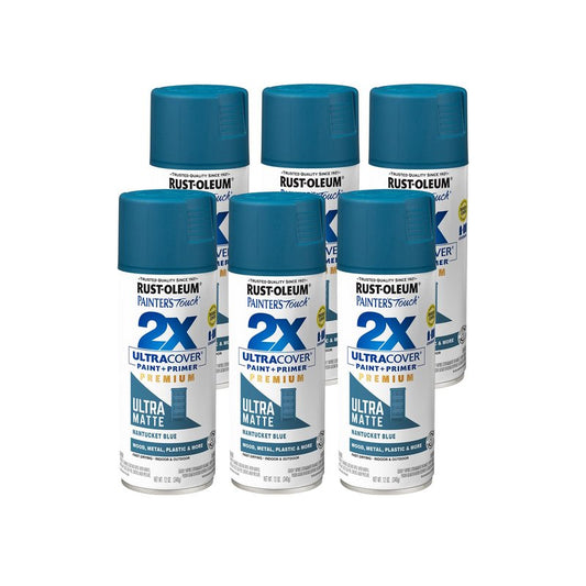 Rust-Oleum 331188-6PK Painter's Touch 2X Ultra Cover Spray Paint, 12 oz, Ultra Matte Nantucket Blue, 6 Pack