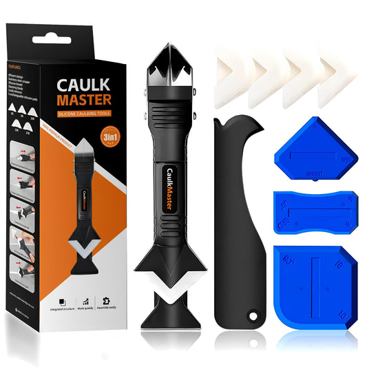 Silicone Caulking Tool Kit – Sealant Remover, Caulk Smoother & Finishing Tool, 3-in-1 Caulking Tool with 5 Pads, Steel Scraper & Corner Tools for Bathroom, Kitchen, Tile, Sink, Wall, Window, Bathtub