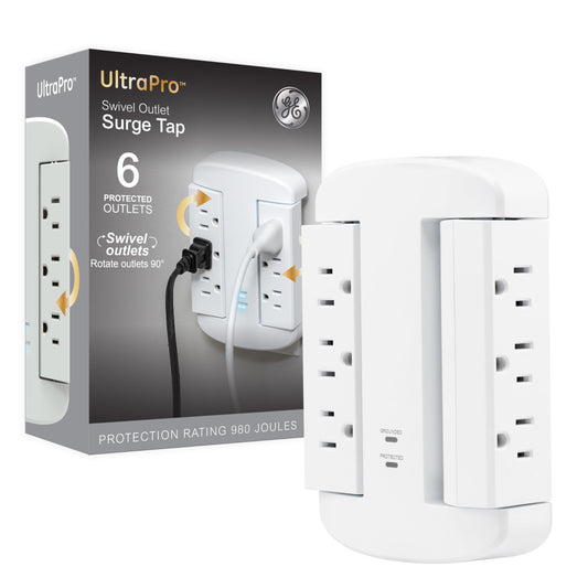 GE 6-Outlet Extender, Surge Protector, Swivel Side Access, Wall Tap Adapter, 3-Prong, 980 Joules, ETL Listed, White, 81781