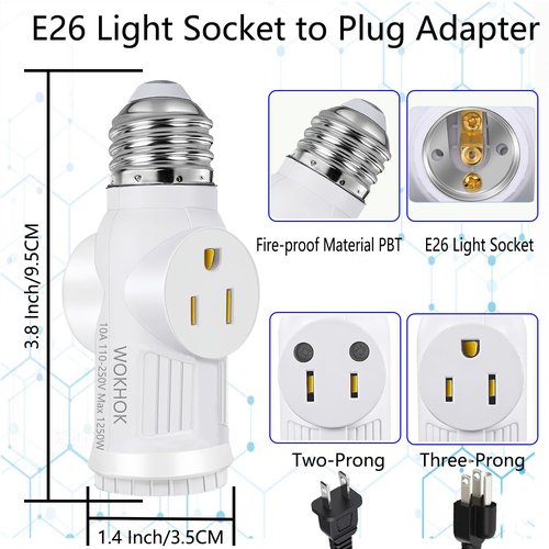 Light Socket to Plug Adapter,Convert E26 Light Socket to 2/3 Prong Outlet Adapter and Light Bulb Socket,Light Bulb Plug Adapter for Garage Porch,2 Pack(White)