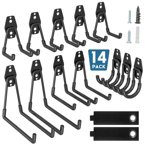 BONTEC Heavy Duty Garage Hooks, Anti-Slip Coated Black Steel with Strong Load Capacity, Multi-Sized U and J Hooks, Easy Wall Mount for Garage, Garden, Workshop (Black, 14 Pack)