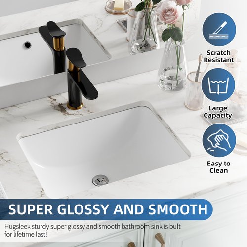 Undermount Bathroom Sink Rectangle, Hugsleek Interior Bowl Size 16 x 11 inch White Porcelain Ceramic Vessel Sink Under Counter Exterior Size 18x13in Rectangular Bath Sink Basin Lavatory Fireclay