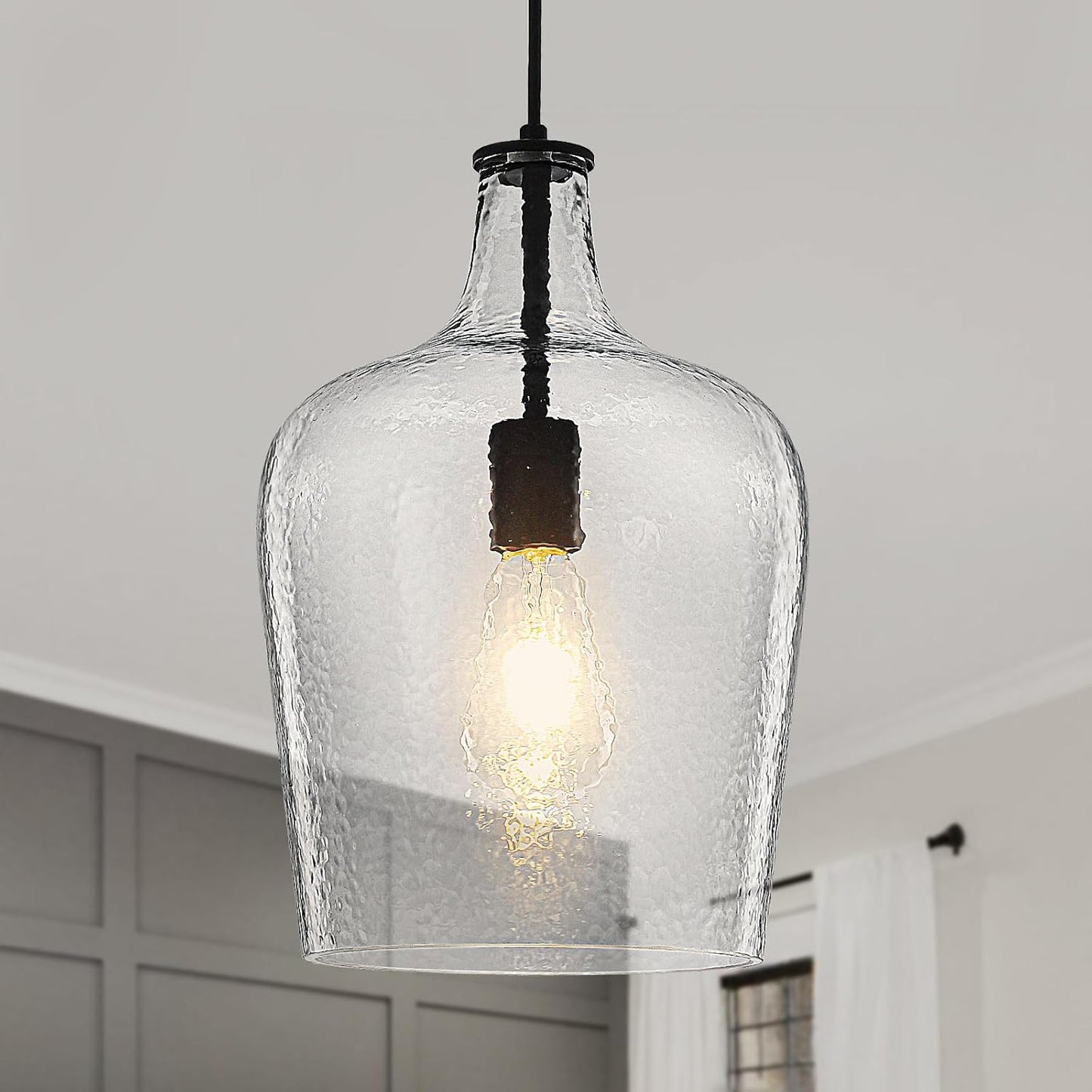 9.3" Blown Glass Pendant Lighting for Kitchen Island,Black Large Pendant Light Fixture with blown Thickened Glass,1 Light Farmhouse Hanging Light for Hallway,Bedroom, Living Room Tall 14 inch