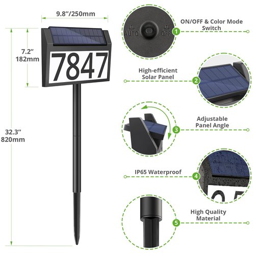 MAXvolador Solar Address Sign Lighted House Numbers Waterproof, Solar Powered LED Illuminated Address Plaques with Stakes, 3-Color in 1 Address Number