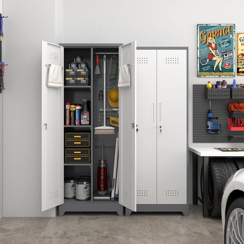 LUCYPAL Broom Closet Storage Cabinet,Utility Closet with Shelves and Hanging Rod for Brooms and Mops,Tool Cabinet for Bathroom,Kitchen,Garage,Warehouse,White&Grey,65" H