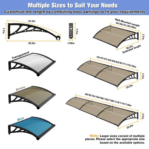 KUZRZNH Awning for Door Entrance 60x120cm/24x48in Window Canopy Exterior with Plastic Steel Bracket UV Rain&Snow Protection, Durable Polycarbonate Canopy for Entrance,Balcony Brown