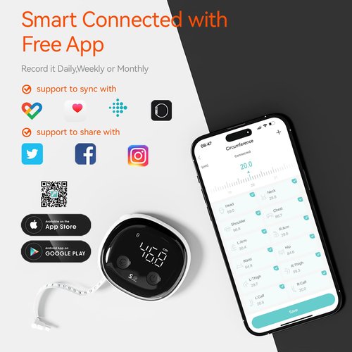 Fitdays Smart Body Tape Measure | Bluetooth Body Fat BMI Tool with LED HD Display & Auto-Retract | Fitness & Weight Loss Tracker for Waist/HIPS/Arms | Fitdays App Sync (Black)