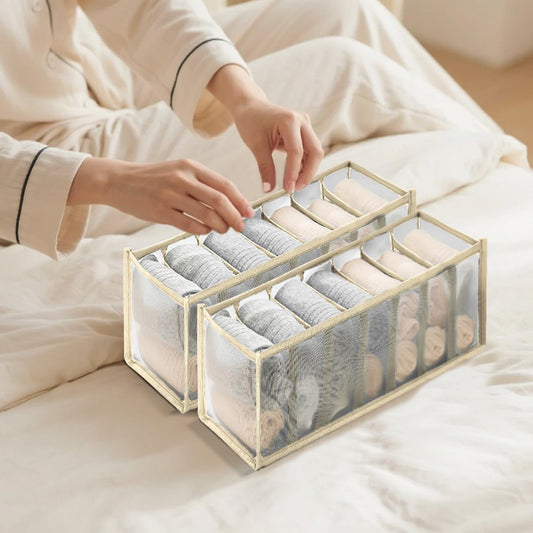 7 Girds Underwear Drawer Organizer Underwear Storage Box Foldable Socks Bra Wardrobe Storage Box(Beige,2Pcs,7 Grids)