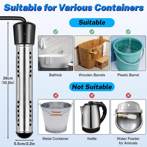 2000W Immersion Water Heater, Electric Portable Water Heater with Digital LCD Thermometer, Bucket Heater with 304 SS Guard Fast Heating 5 Gallons of Water in Minutes for Bathtub