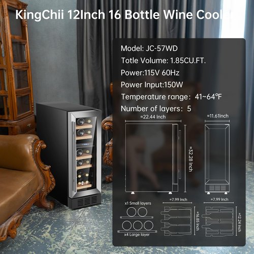 KingChii 12Inch 16 Bottle Dual Zone Wine Cooler Refrigerator Professional Compressor, Stainless Steel & Tempered Glass For Red Wine, Champagne - Built-in or Freestanding for Kitchen, or Office
