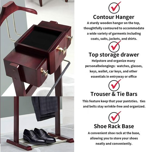 Gumatea Mens Valet Stand With Top Tray Non-Slip Trouser Bar Clothes Valet Suit Stand Freestanding Clothes Rack For Living Room Entryway Bedroom Office