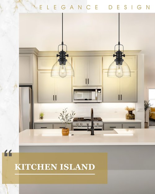 Audickic 2 Pack Pendant Lights Kitchen Island, 7.5" Black Pendant Lighting with Clear Seeded Glass Shade, Farmhouse Hanging Light Fixtures for Dining Room, AD-22151-1P2-BK